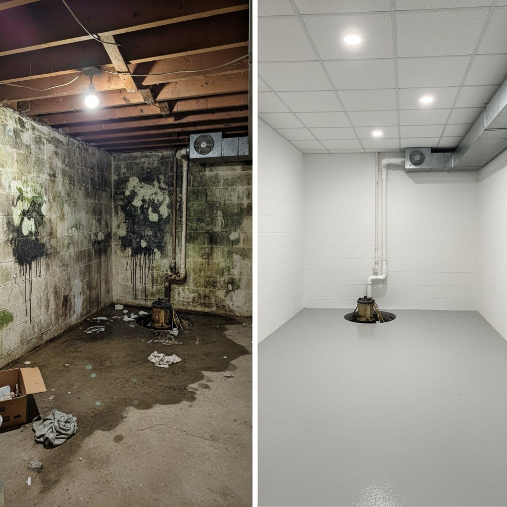 Mold Inspection & Moisture Assessment before and after in residential basement, Tenafly NJ