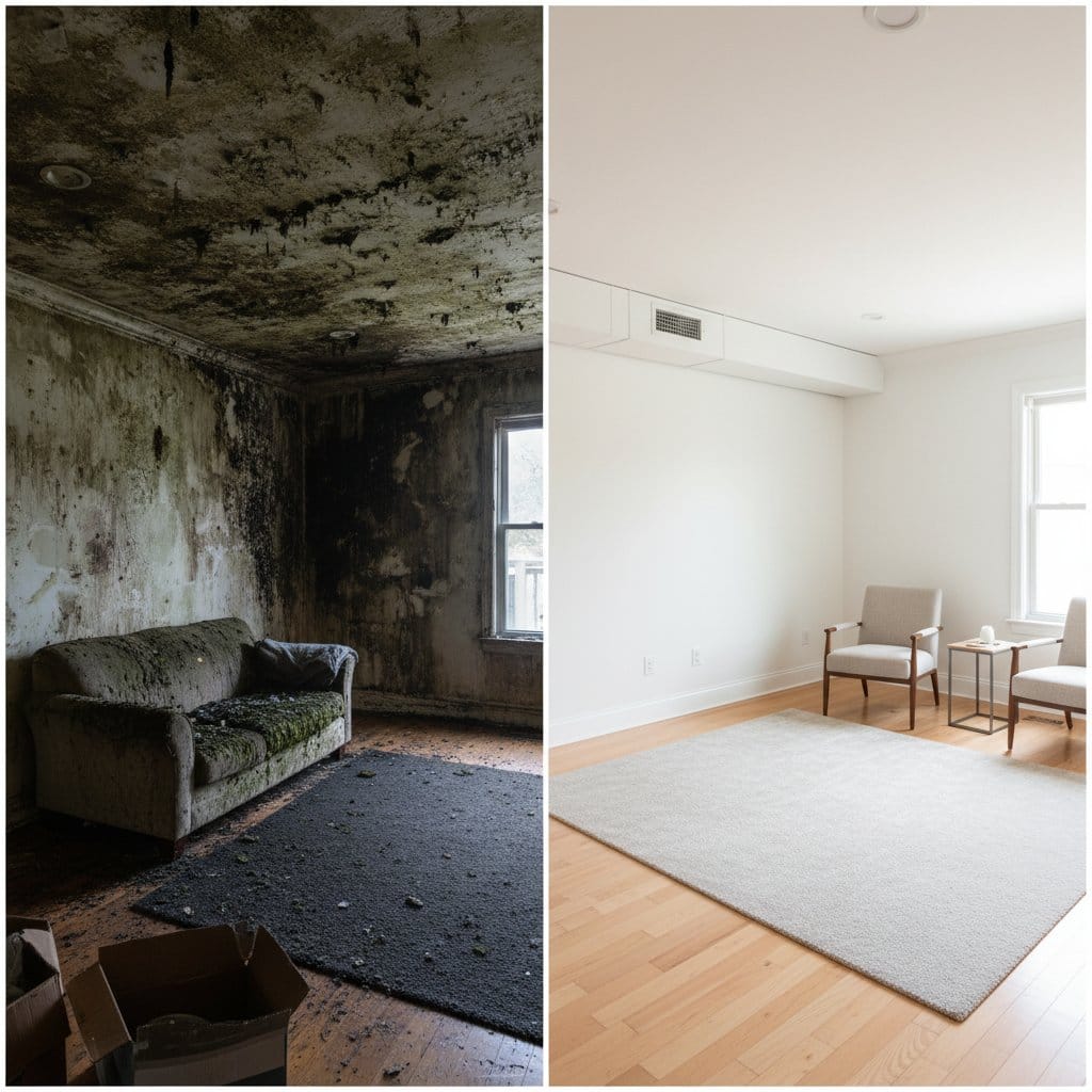 Mold Testing & Lab Reporting before and after in living room, Tenafly NJ