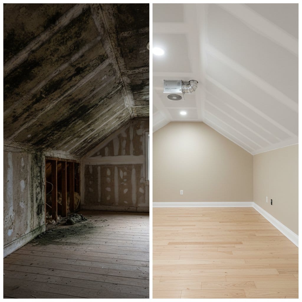 Before and after mold removal & remediation in Tenafly commercial property attic space