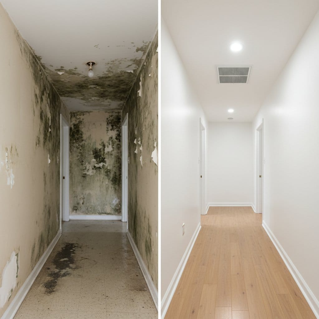 Black Mold Removal before and after in hallway, Tenafly NJ