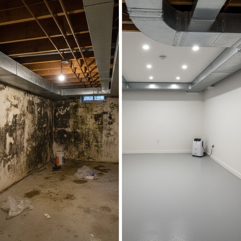 Attic & Crawl Space Mold Removal before and after in finished basement, Tenafly NJ