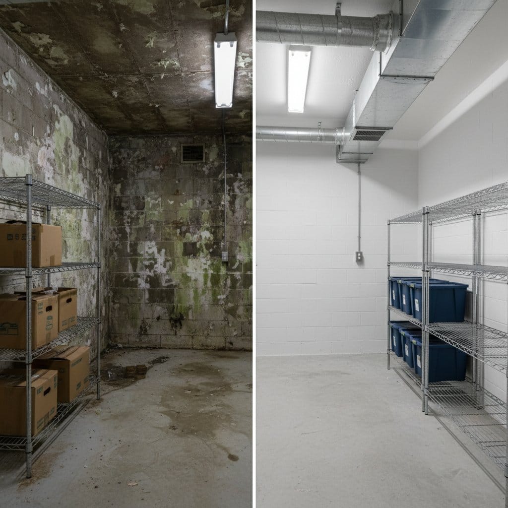 Attic & Crawl Space Mold Removal restoration — utility room of split-level home in Tenafly, NJ