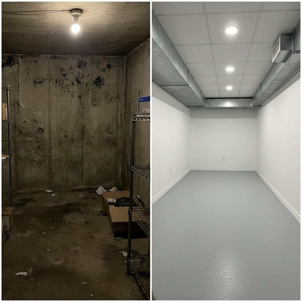 Basement & Foundation Mold Removal before and after in residential basement, Tenafly NJ