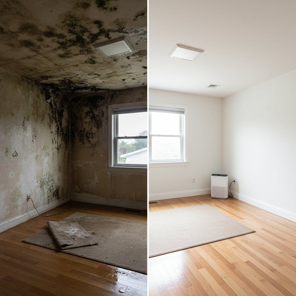 Before and after bathroom & kitchen mold removal in Tenafly bi-level home bedroom