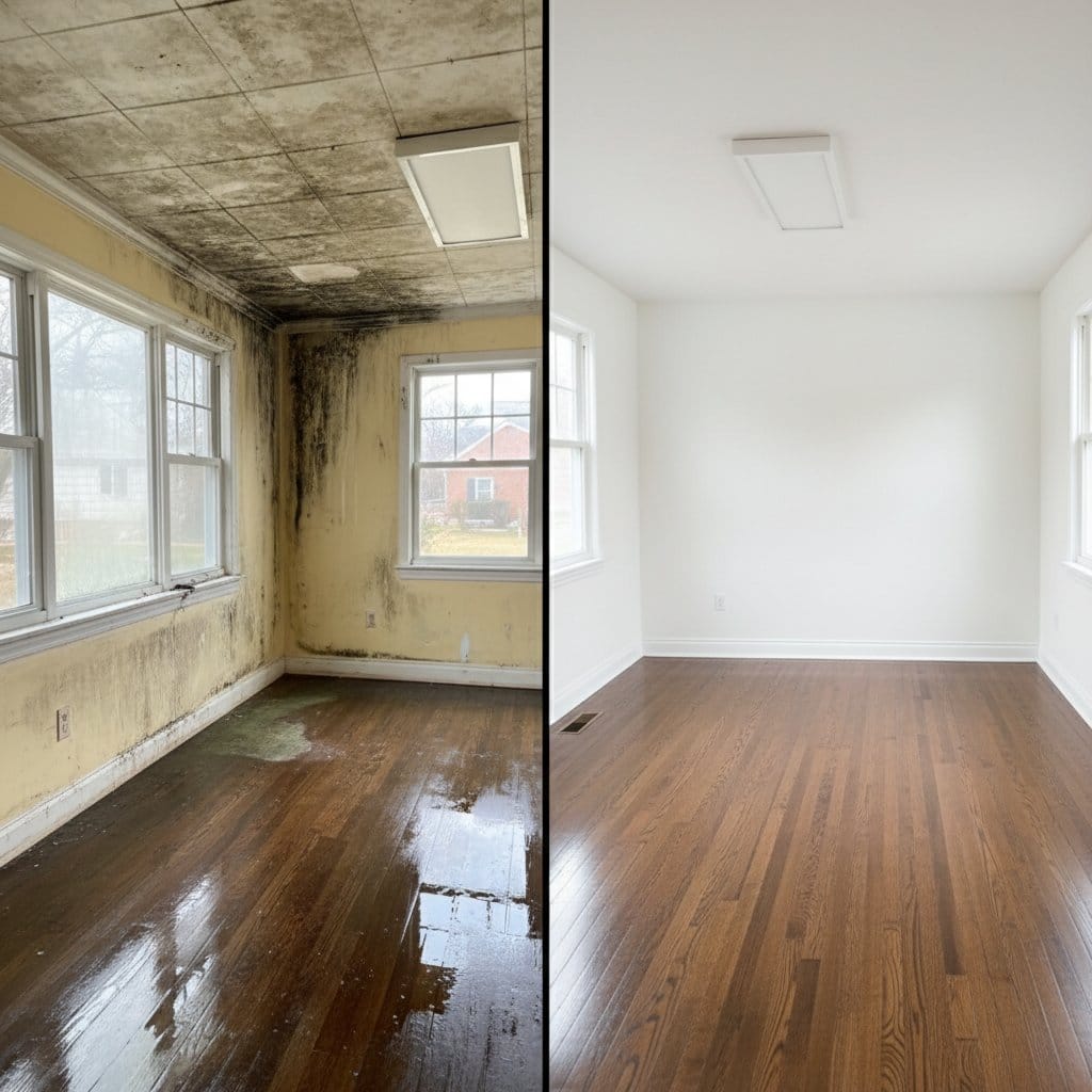 Before and after odor removal & disinfection in Tenafly ranch-style home dining room