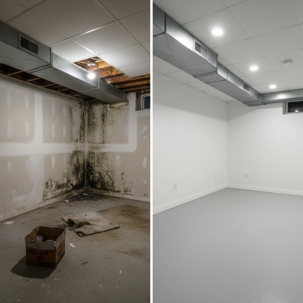 Humidity & Moisture Control Solution before and after in finished basement, Tenafly NJ