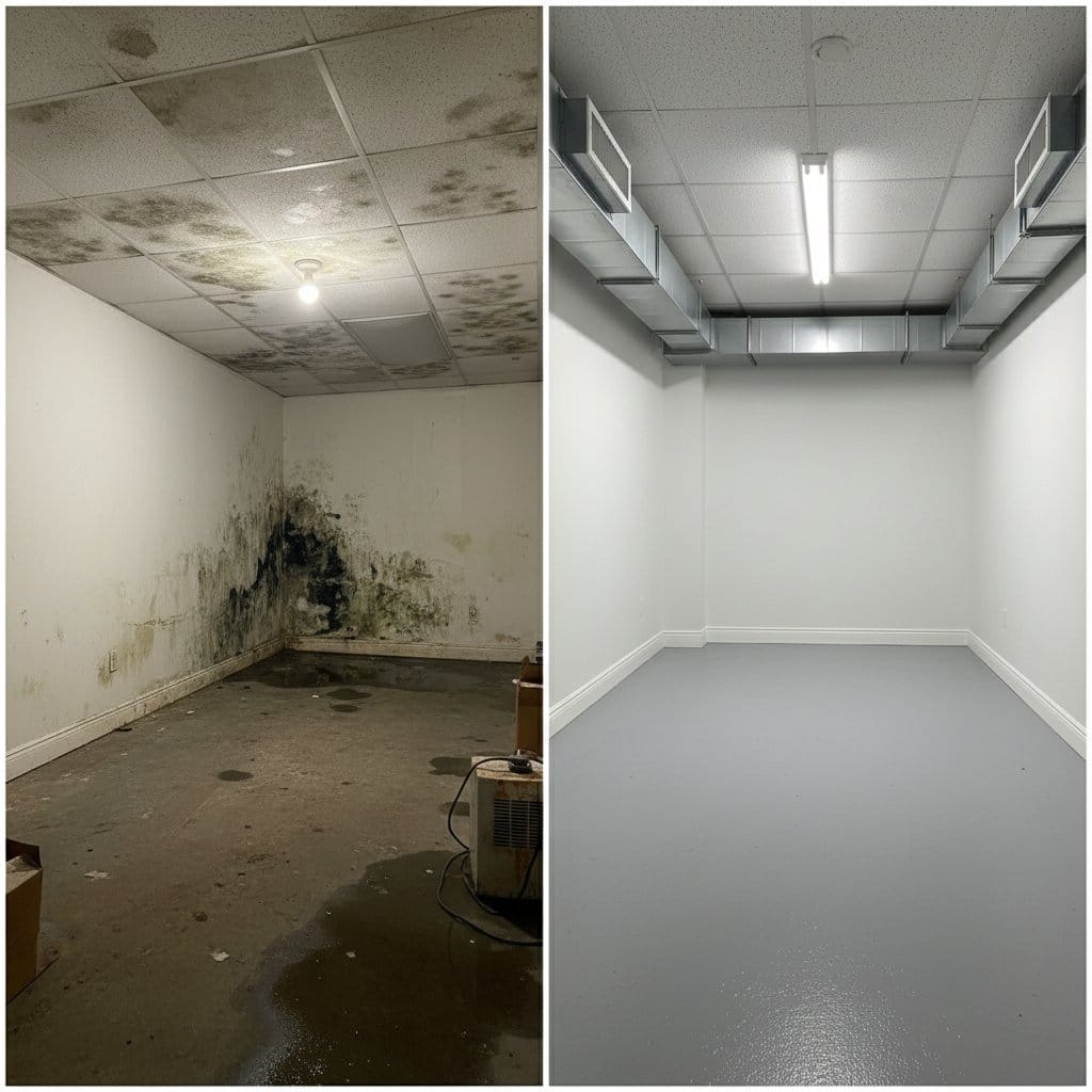 Before and after humidity & moisture control solution in Tenafly townhouse storefront interior